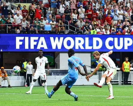 ‘A one-man national team’: Harry Kane fires in his and England’s second goal to earn victory.