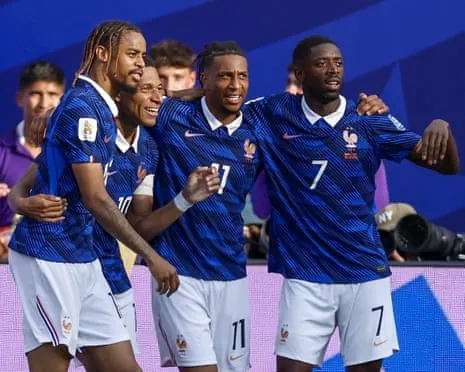 Bradley Barcola, Kylian Mbappé, Michael Olise and Ousmane Dembélé of France celebrate during the 3-0 demolition of Sweden