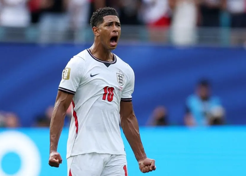 Jude Bellingham celebrates scoring England's first goal.