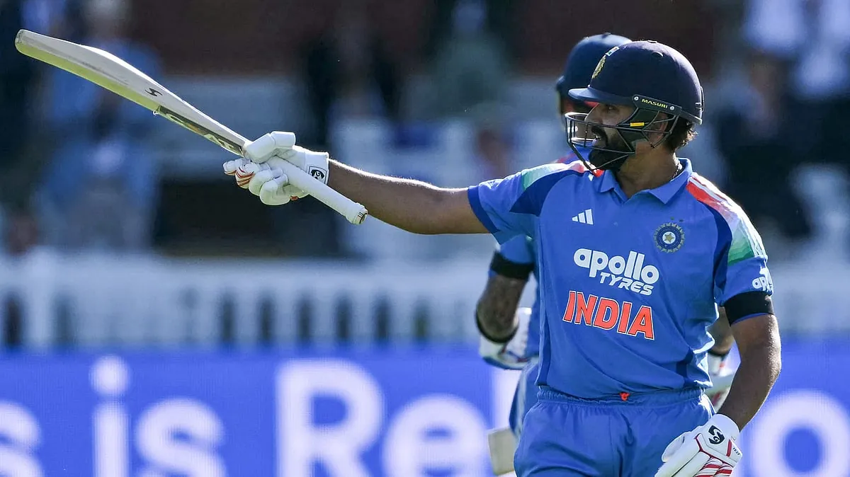 Rohit Sharma celebrates his century on Sunday